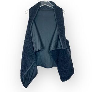 Miami Black Faux Leather Fleece Open Waterfall Front Vest with Pockets Size L